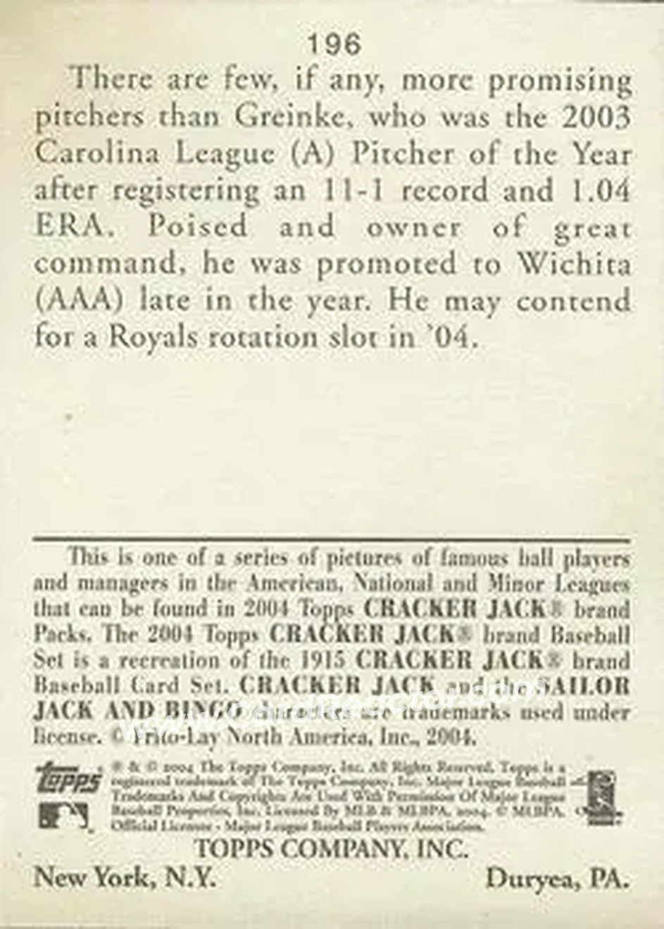 2004 Topps Cracker Jack #196 - Zack Greinke - Kansas City Royals - Back
