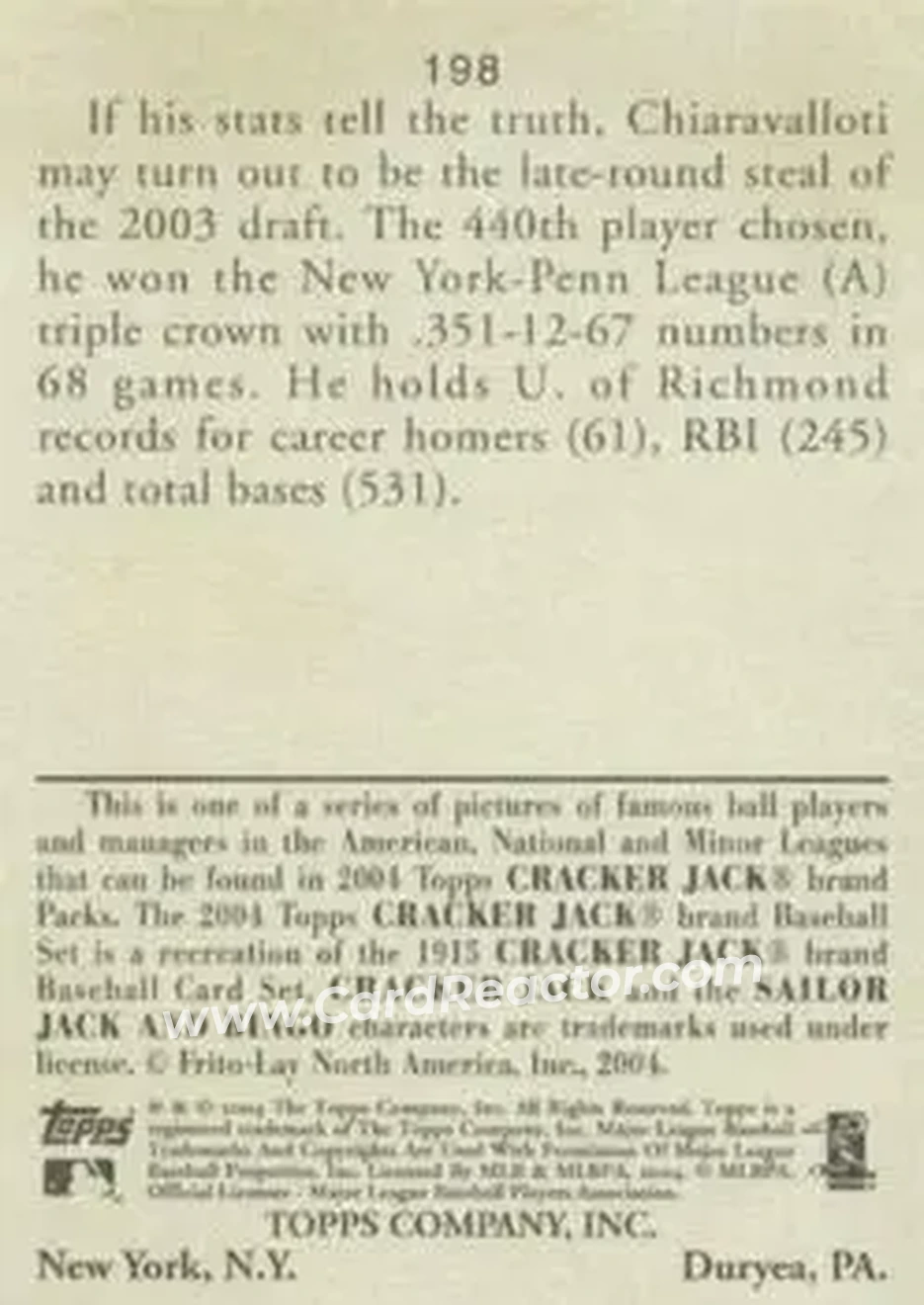 2004 Topps Cracker Jack #198 - Vito Chiaravalloti - Toronto Blue Jays - Back