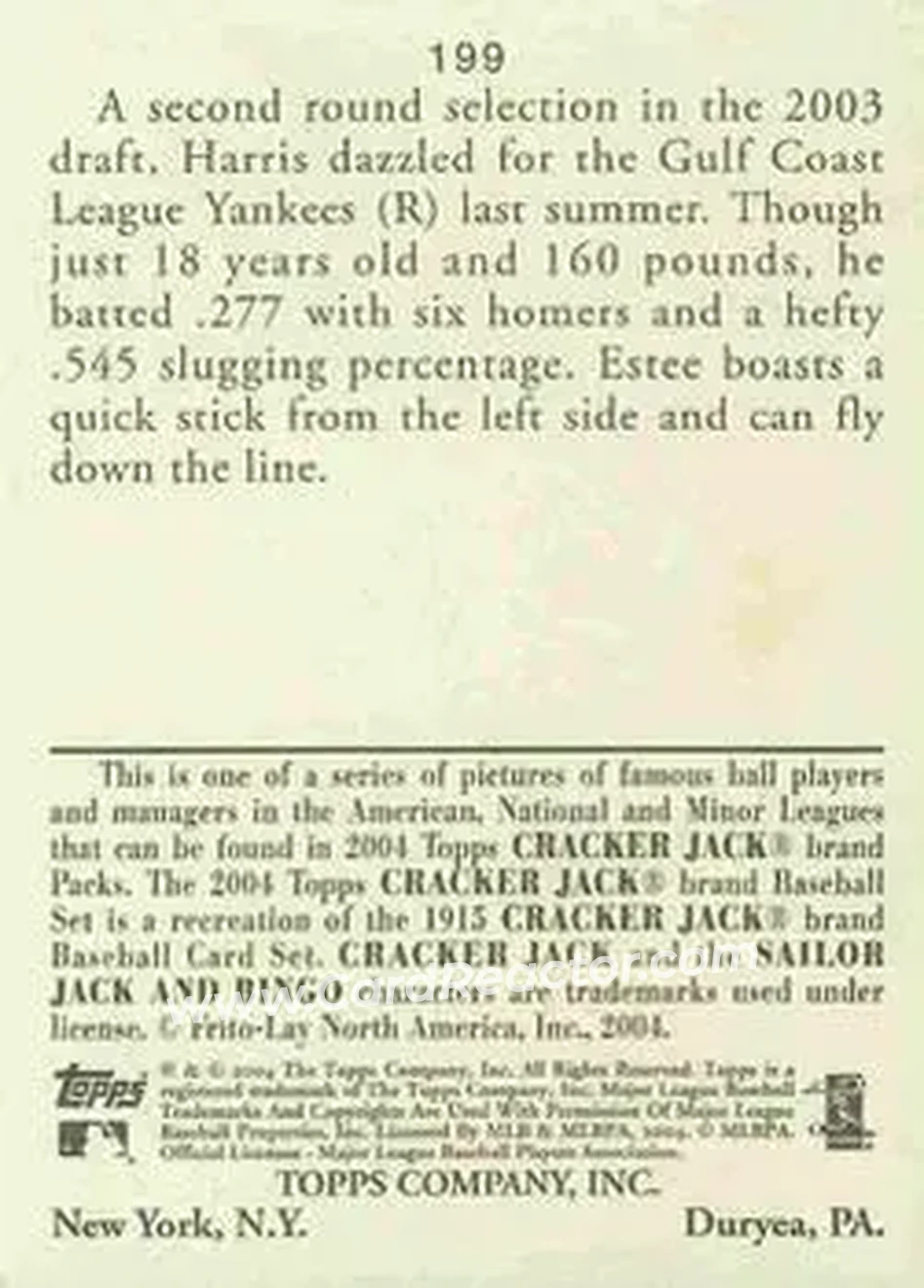 2004 Topps Cracker Jack #199 - Estee Harris - New York Yankees - Back