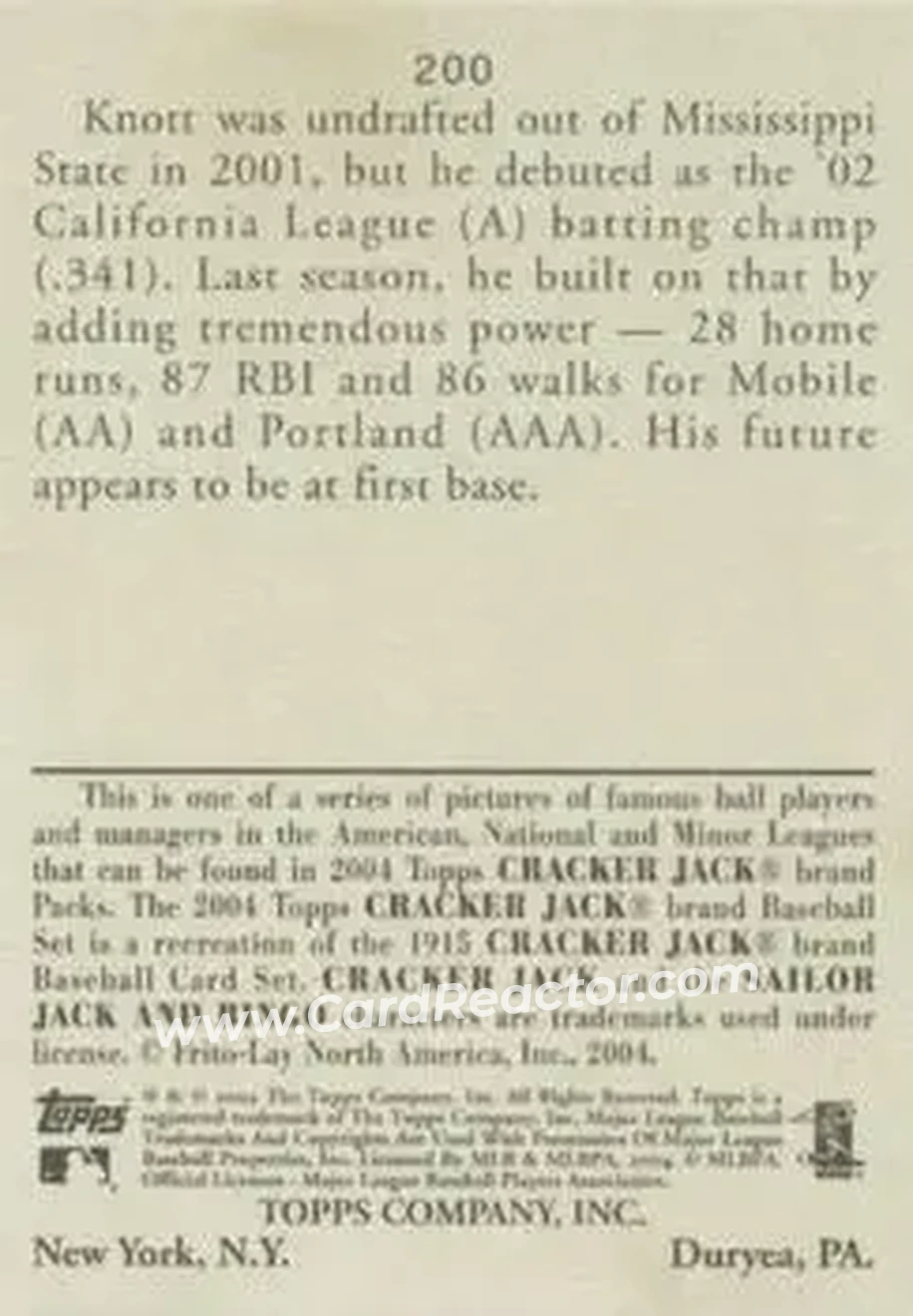 2004 Topps Cracker Jack #200 - Jon Knott - San Diego Padres - Back