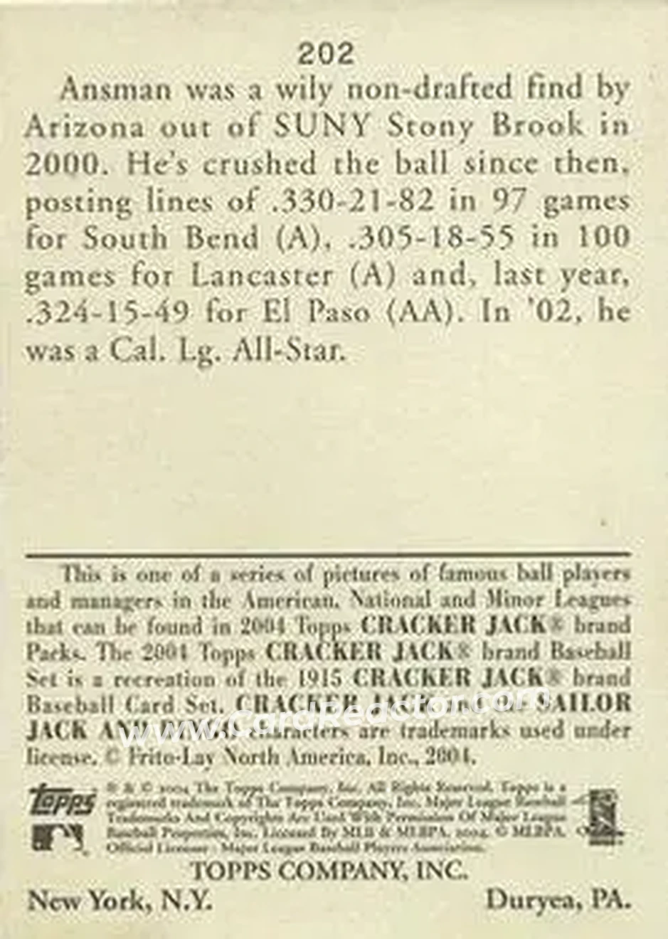 2004 Topps Cracker Jack #202 - Craig Ansman - Arizona Diamondbacks - Back