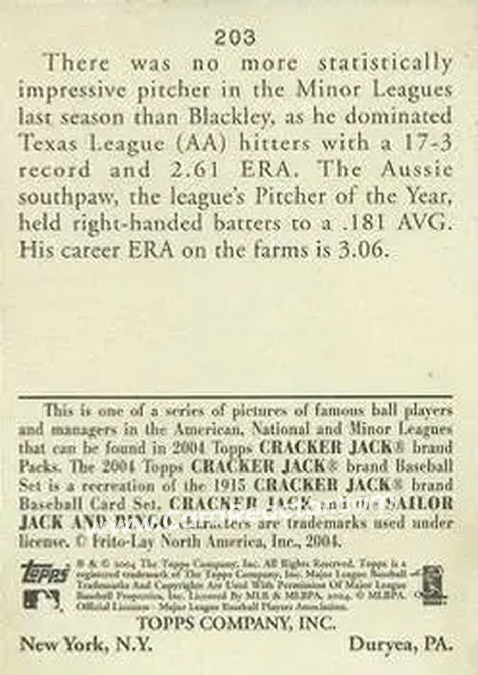 2004 Topps Cracker Jack #203 - Travis Blackley - Seattle Mariners - Back