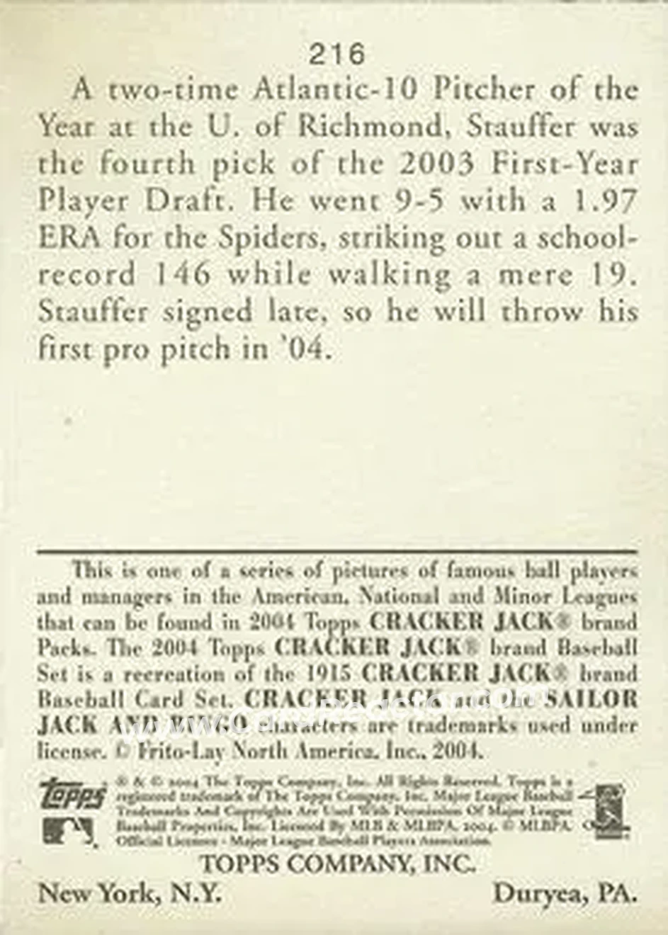2004 Topps Cracker Jack #216 - Tim Stauffer - San Diego Padres - Back