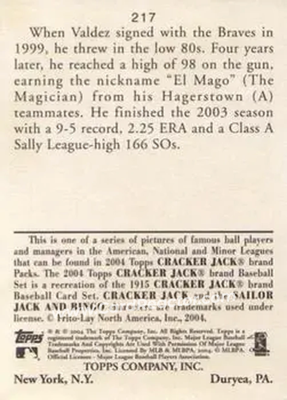 2004 Topps Cracker Jack #217 - Merkin Valdez - San Francisco Giants - Back