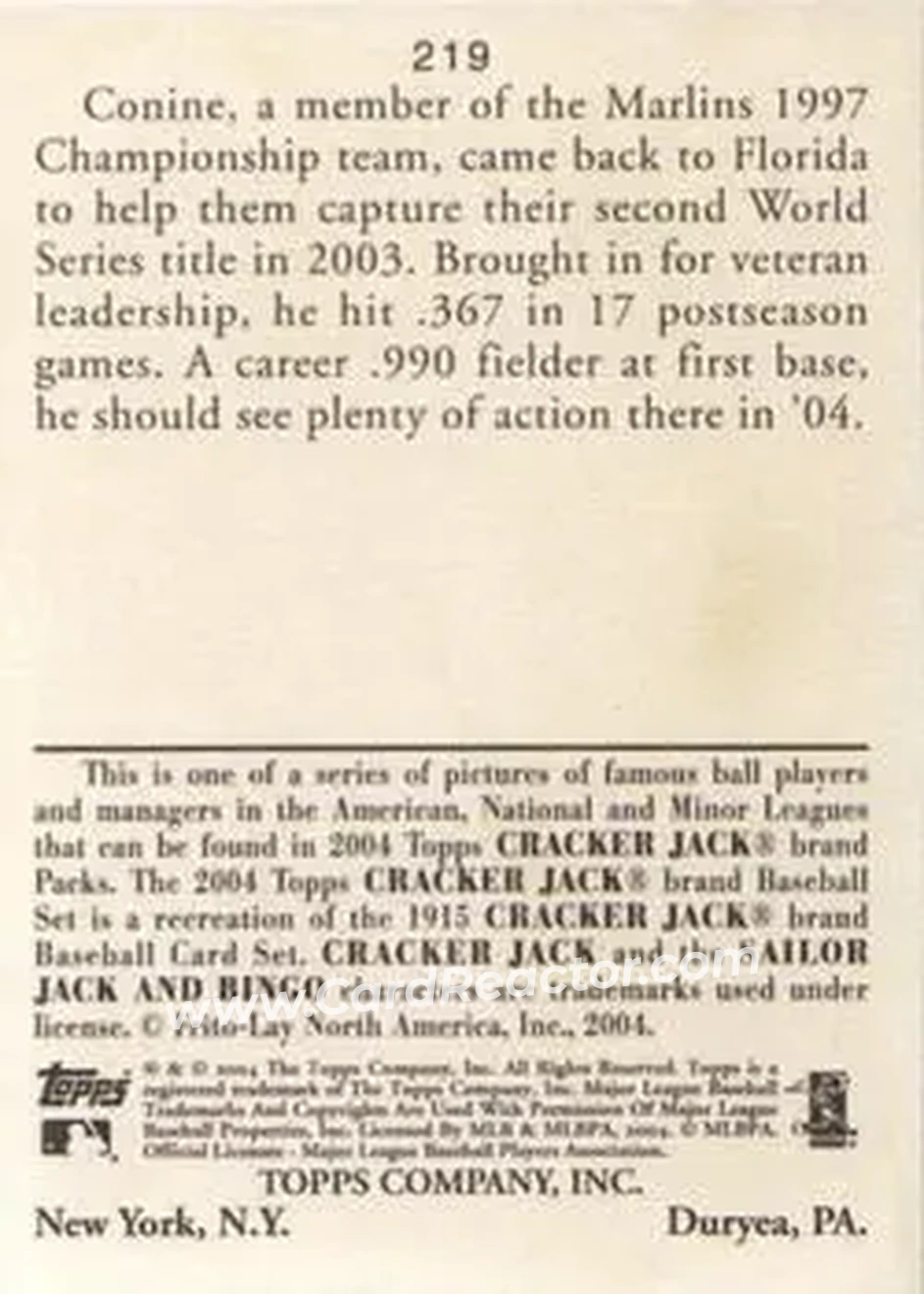 2004 Topps Cracker Jack #219 - Jeff Conine - Florida Marlins - Back
