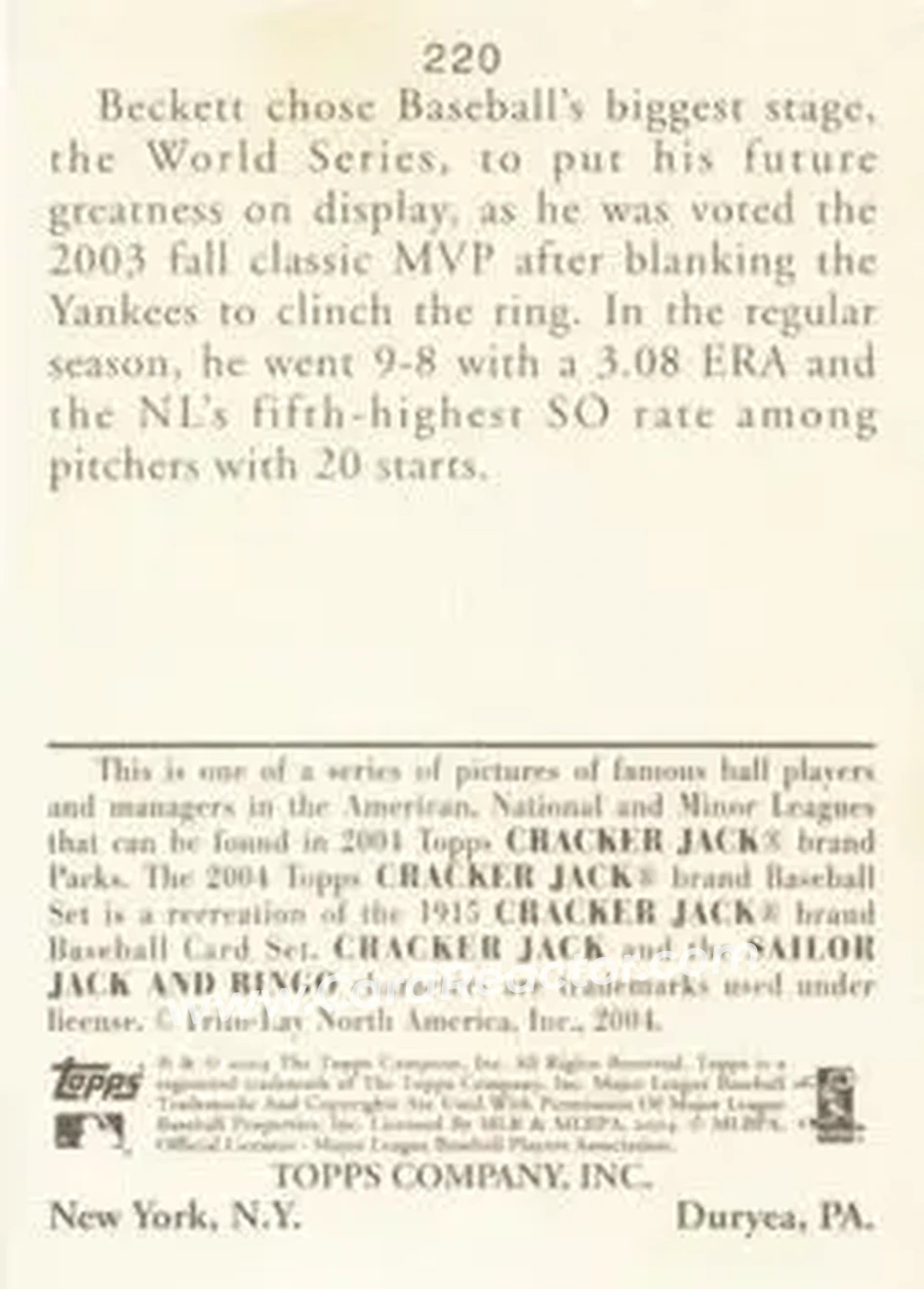 2004 Topps Cracker Jack #220 - Josh Beckett - Florida Marlins - Back
