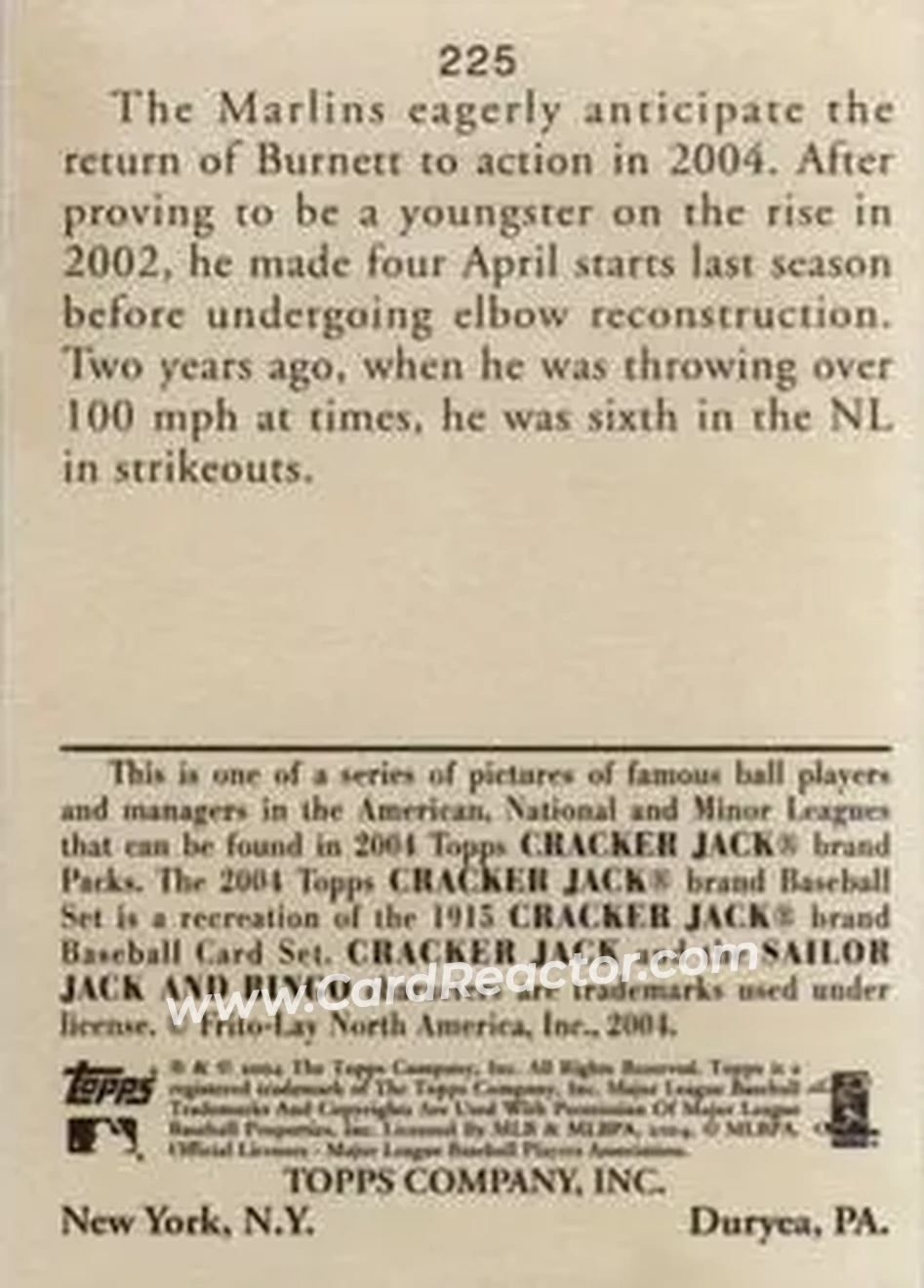 2004 Topps Cracker Jack #225 - A.J. Burnett - Florida Marlins - Back