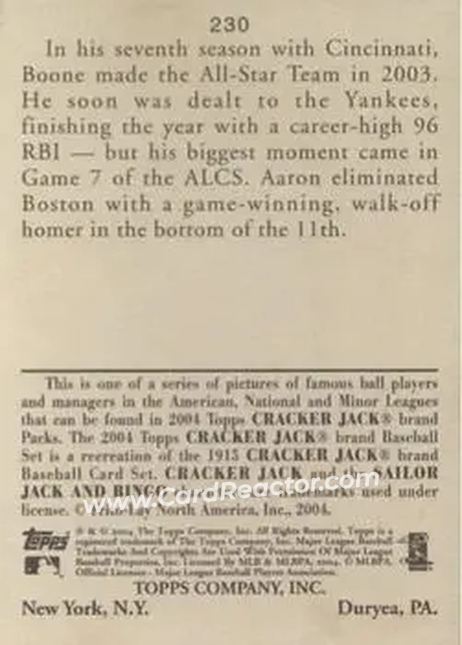 2004 Topps Cracker Jack #230 - Aaron Boone - New York Yankees - Back