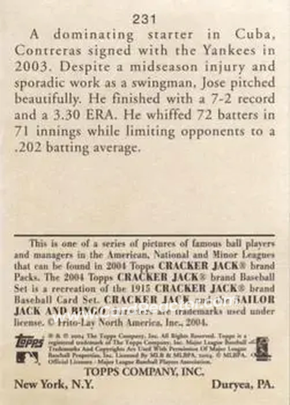2004 Topps Cracker Jack #231 - Jose Contreras - New York Yankees - Back