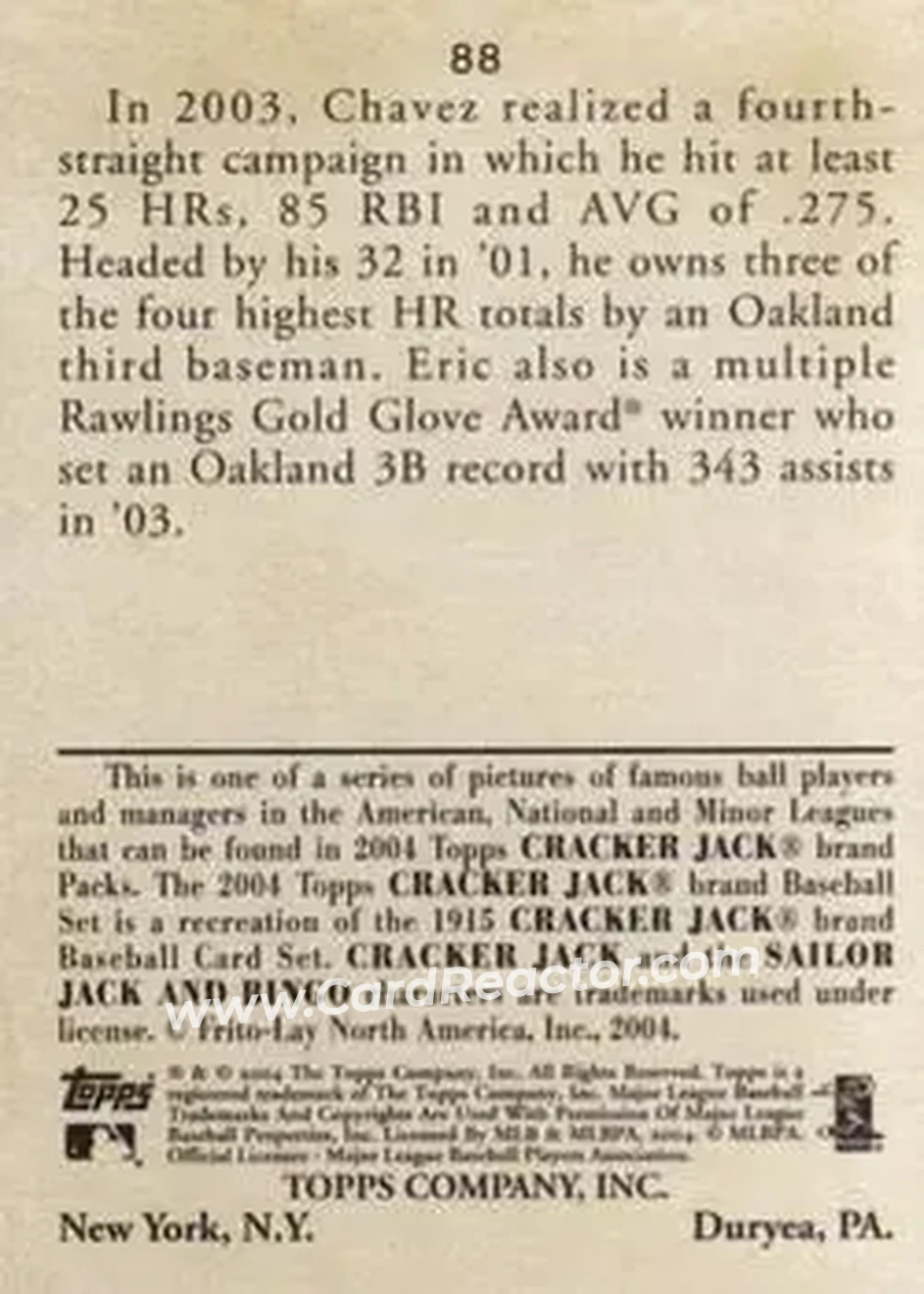 2004 Topps Cracker Jack #88 - Eric Chavez - Oakland Athletics - Back