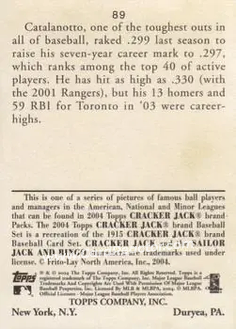 2004 Topps Cracker Jack #89 - Frank Catalanotto - Toronto Blue Jays - Back