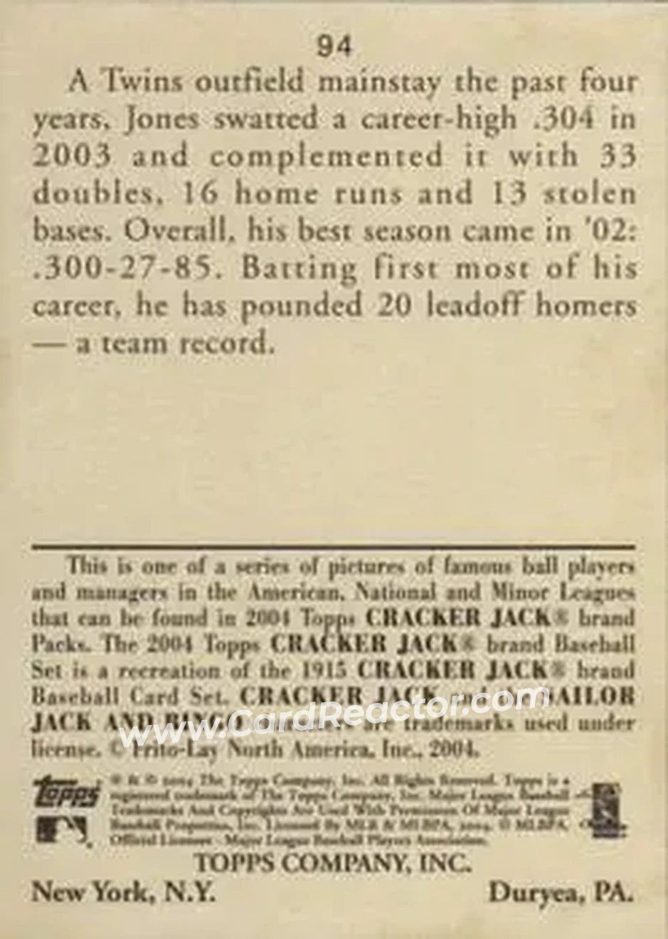 2004 Topps Cracker Jack #94 - Jacque Jones - Minnesota Twins - Back