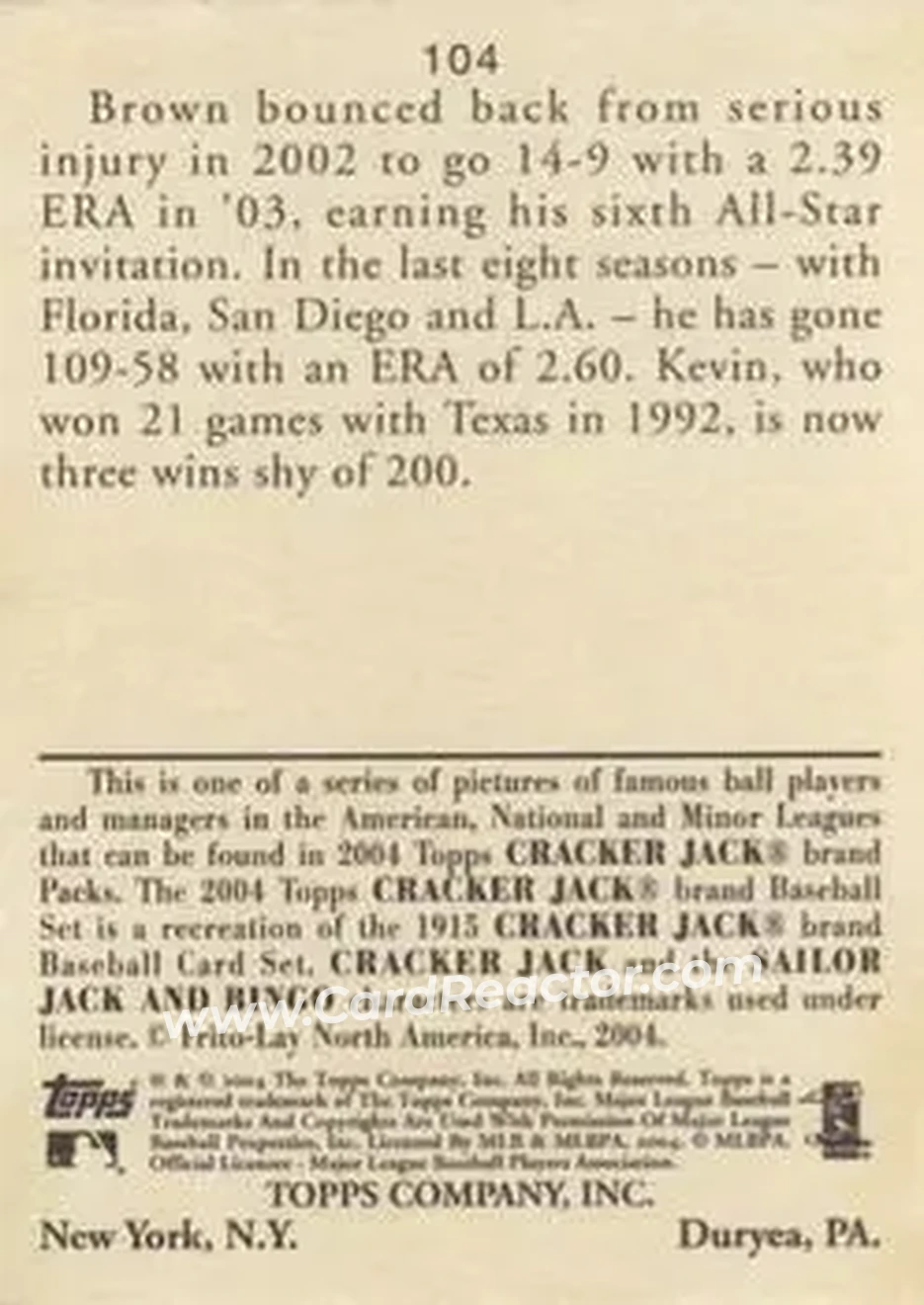 2004 Topps Cracker Jack #104 - Kevin Brown - New York Yankees - Back 2004 Topps Cracker Jack #104 - Kevin Brown - New York Yankees - Back