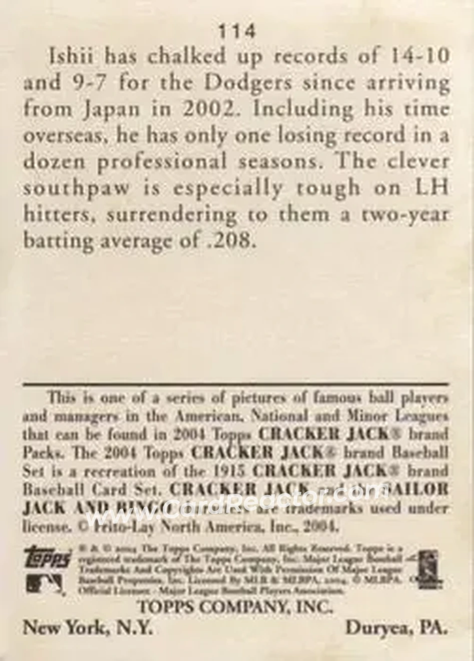 2004 Topps Cracker Jack #114 - Kazuhisa Ishii - Los Angeles Dodgers - Back