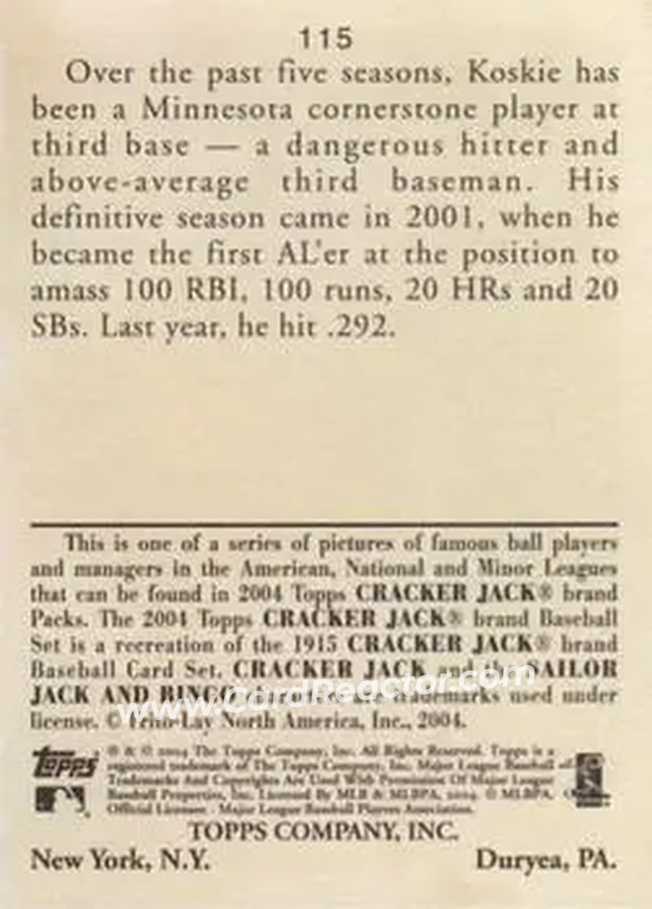 2004 Topps Cracker Jack #115 - Corey Koskie - Minnesota Twins - Back