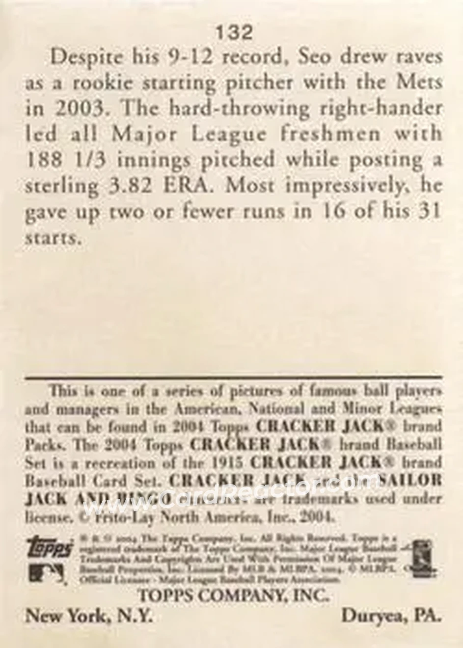 2004 Topps Cracker Jack #132 - Jae Seo - New York Mets - Back
