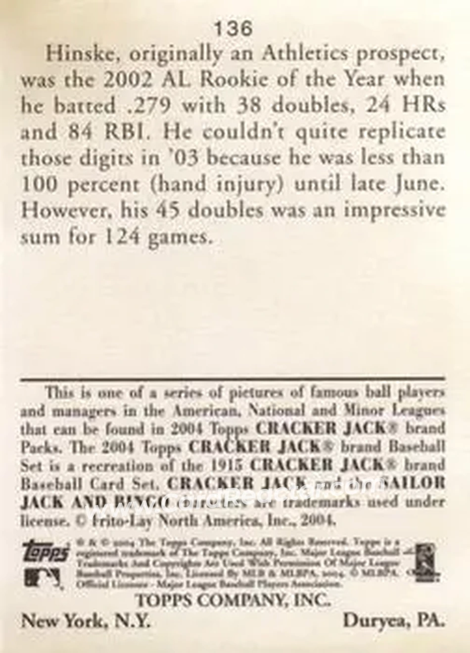 2004 Topps Cracker Jack #136 - Eric Hinske - Toronto Blue Jays - Back