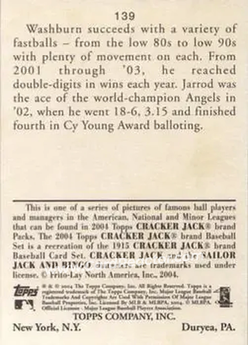 2004 Topps Cracker Jack #139 - Jarrod Washburn - Anaheim Angels - Back