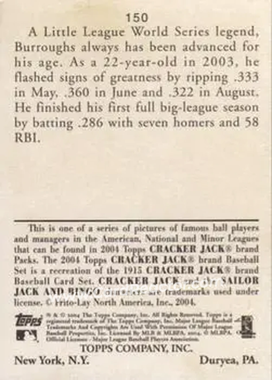 2004 Topps Cracker Jack #150 - Sean Burroughs - San Diego Padres - Back