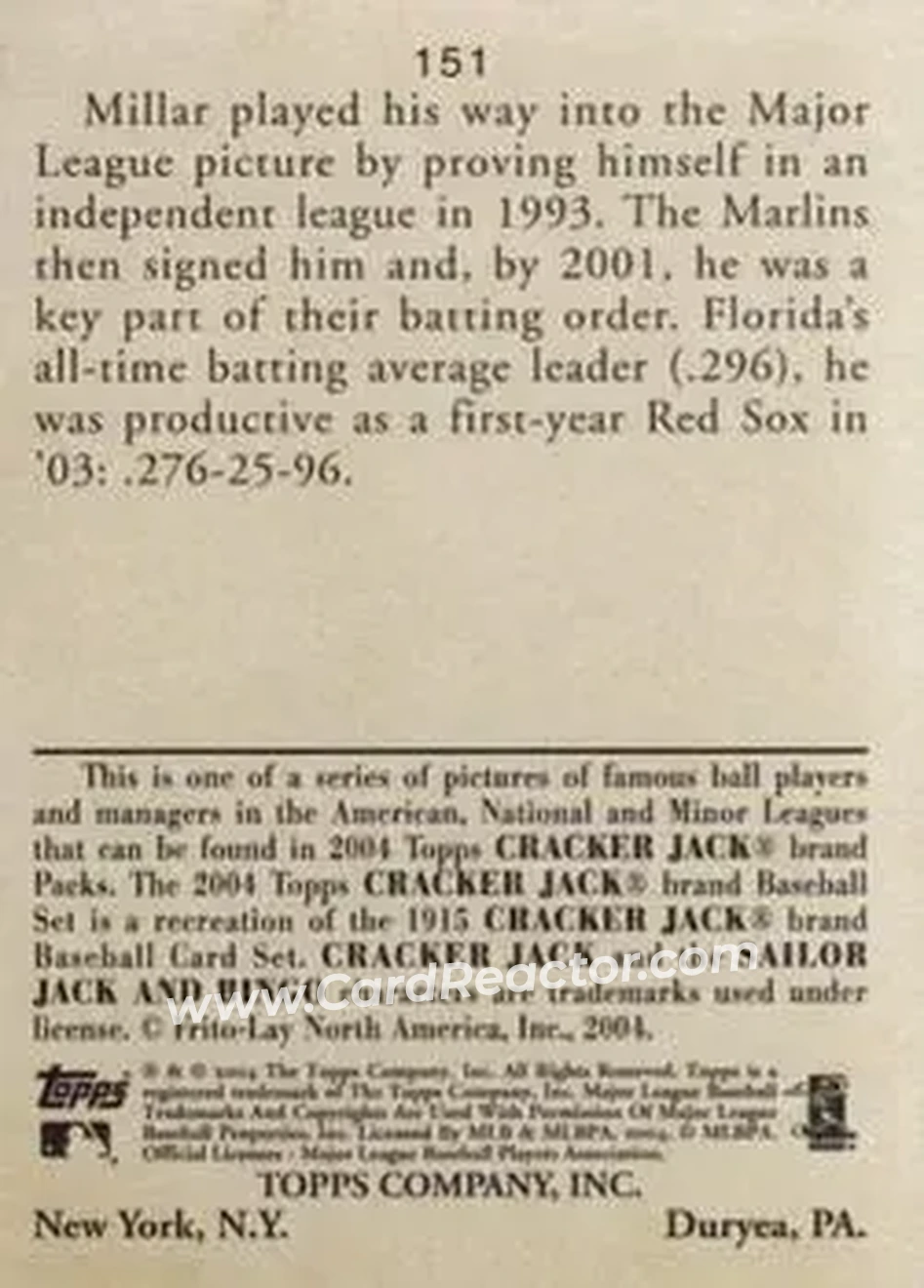 2004 Topps Cracker Jack #151 - Kevin Millar - Boston Red Sox - Back