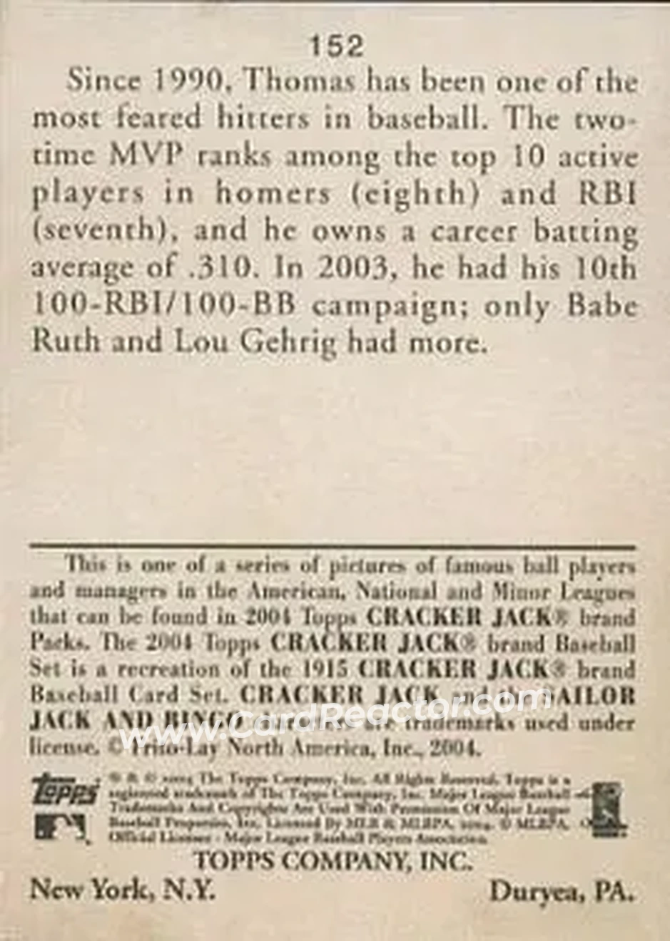 2004 Topps Cracker Jack #152 - Frank Thomas - Chicago White Sox - Back