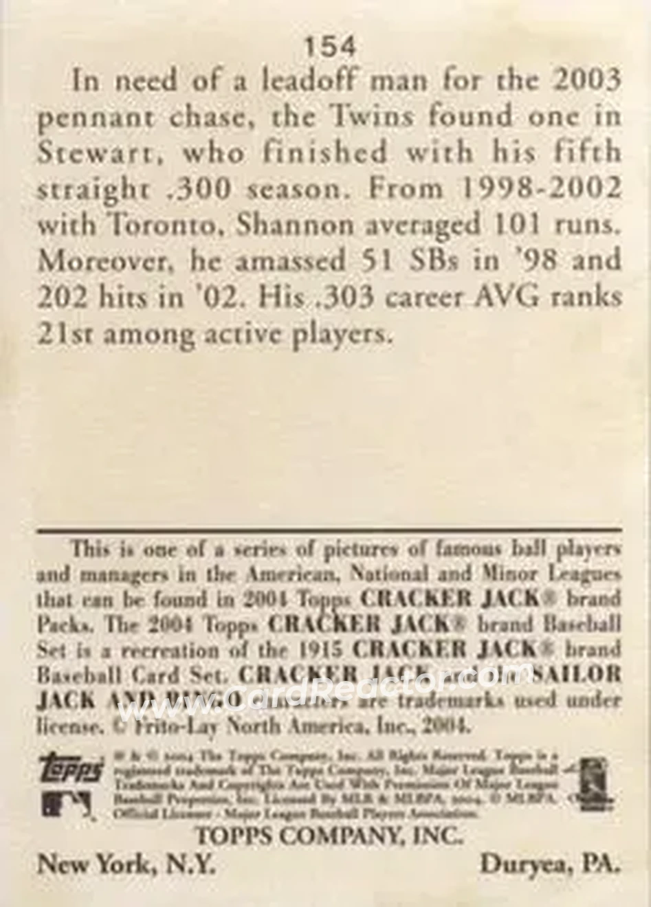 2004 Topps Cracker Jack #154 - Shannon Stewart - Minnesota Twins - Back