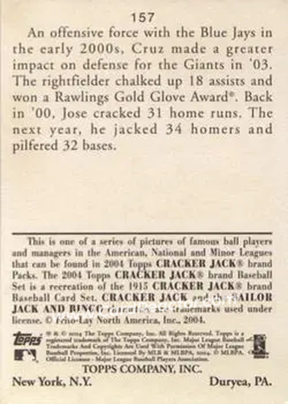 2004 Topps Cracker Jack #157 - Jose Cruz - Tampa Bay Devil Rays - Back