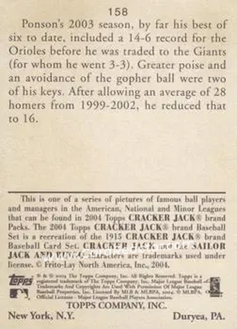 2004 Topps Cracker Jack #158 - Sidney Ponson - Baltimore Orioles - Back