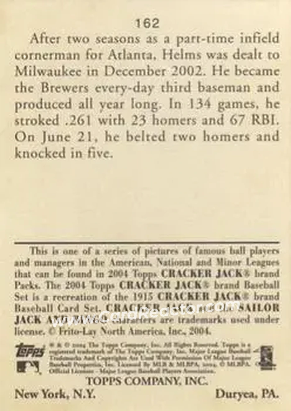 2004 Topps Cracker Jack #162 - Wes Helms - Milwaukee Brewers - Back