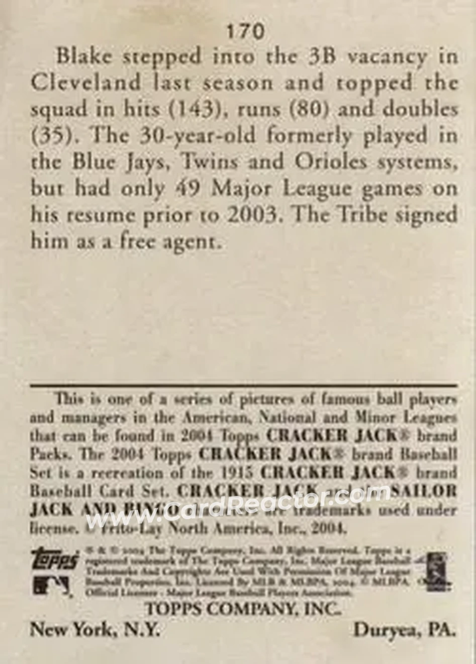2004 Topps Cracker Jack #170 - Casey Blake - Cleveland Indians - Back