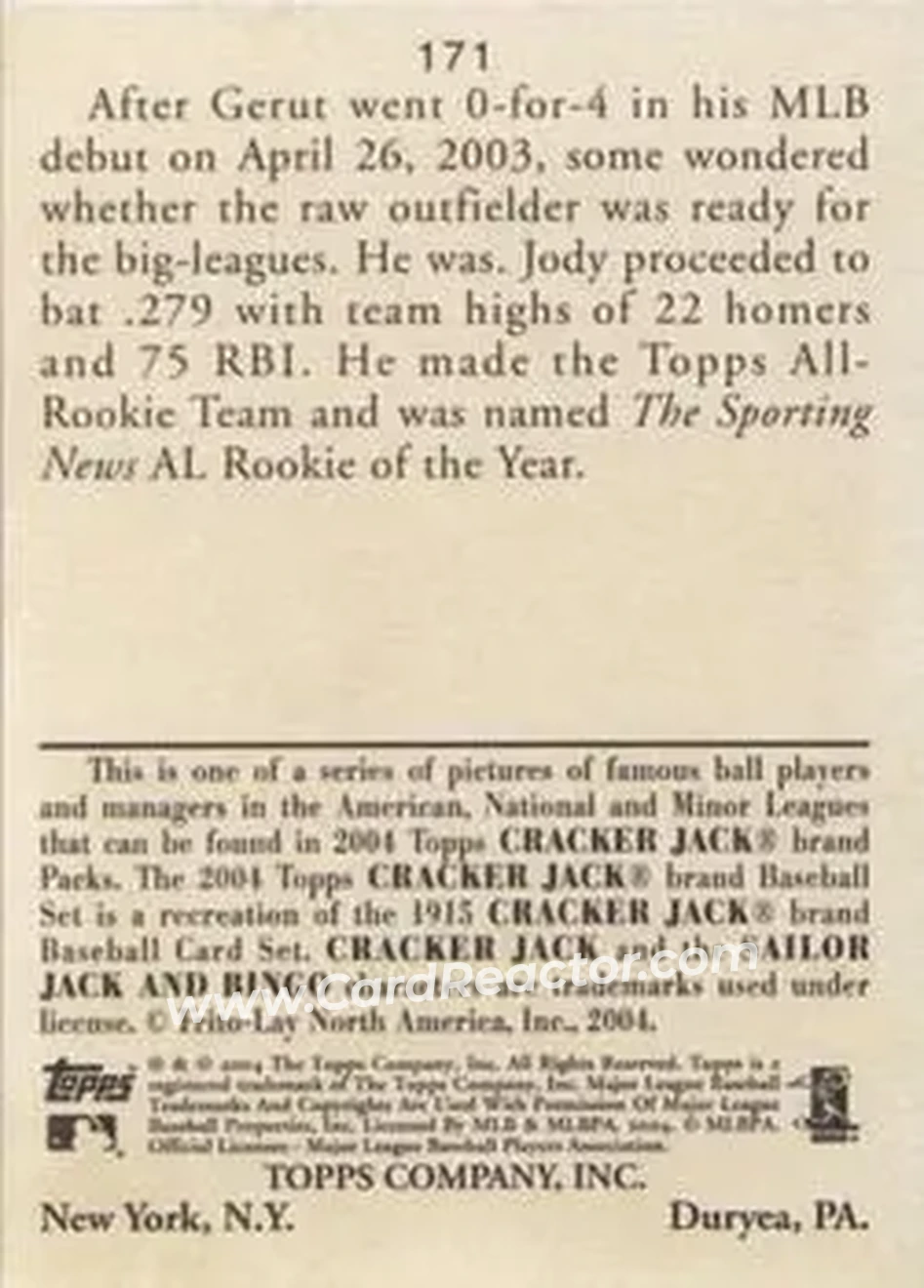 2004 Topps Cracker Jack #171 - Jody Gerut - Cleveland Indians - Back