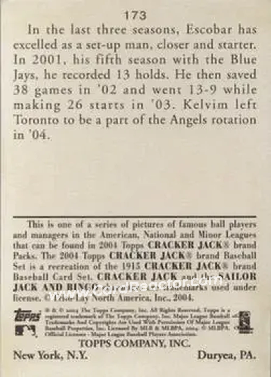 2004 Topps Cracker Jack #173 - Kelvim Escobar - Anaheim Angels - Back
