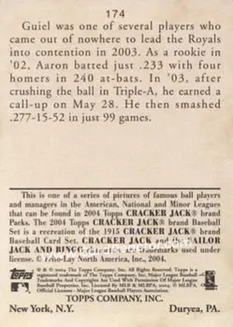 2004 Topps Cracker Jack #174 - Aaron Guiel - Kansas City Royals - Back