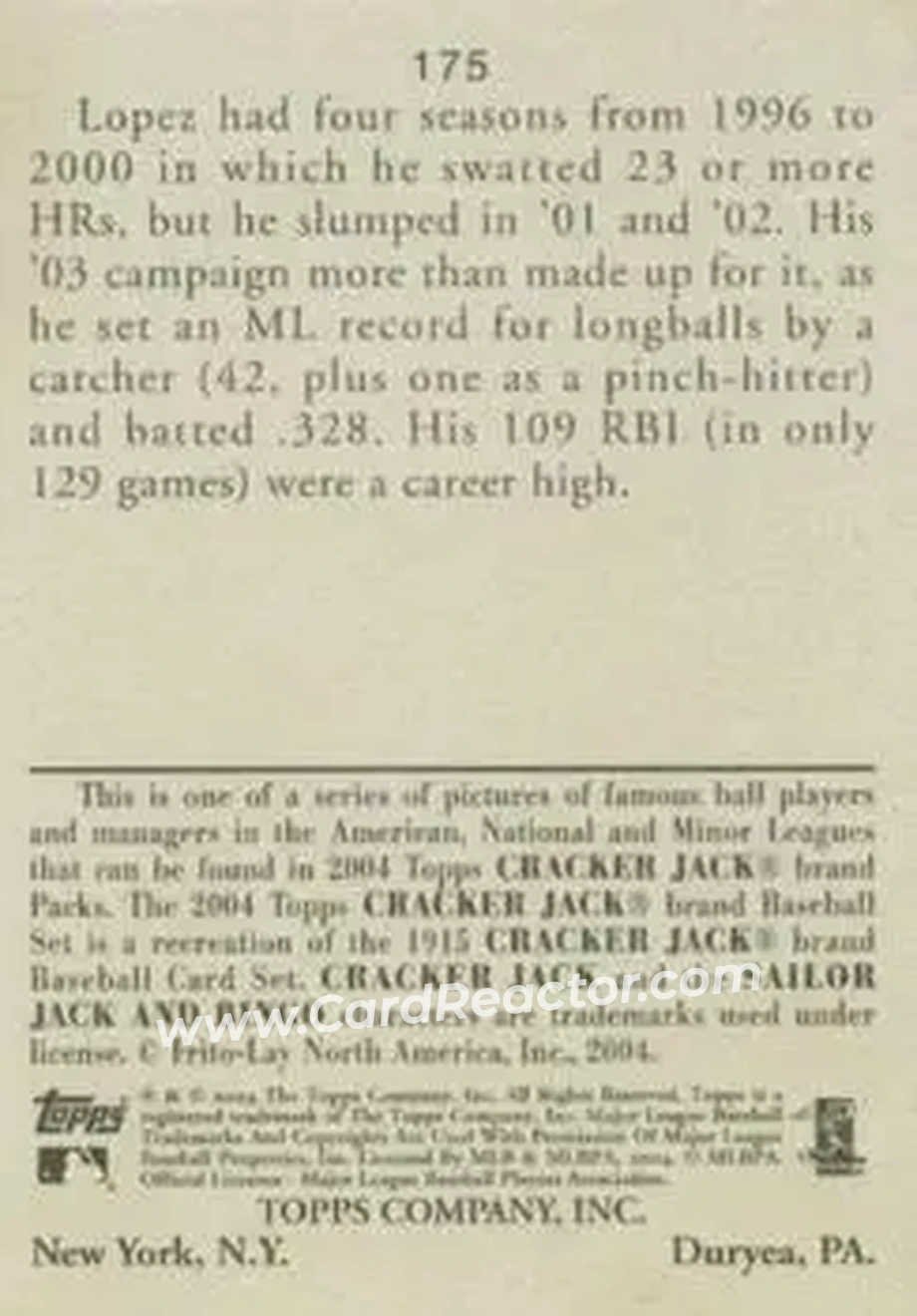2004 Topps Cracker Jack #175 - Javier Lopez - Baltimore Orioles - Back