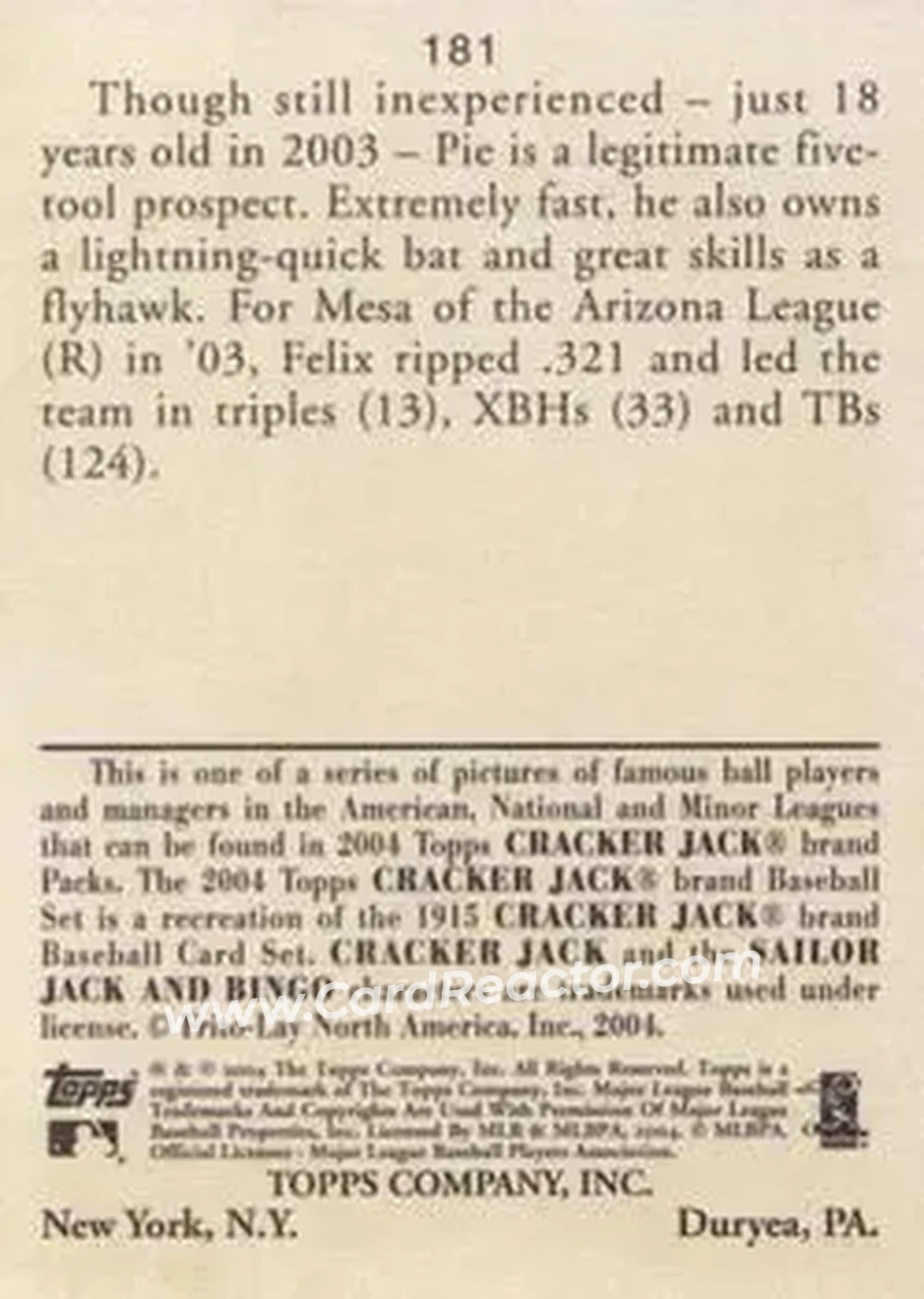 2004 Topps Cracker Jack #181 - Felix Pie - Chicago Cubs - Back