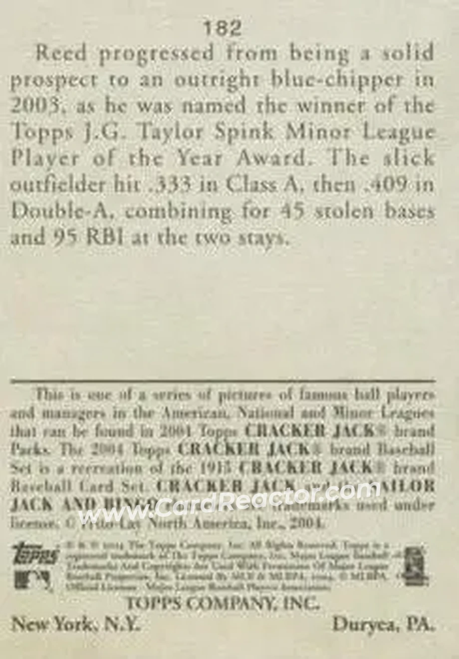 2004 Topps Cracker Jack #182 - Jeremy Reed - Chicago White Sox - Back