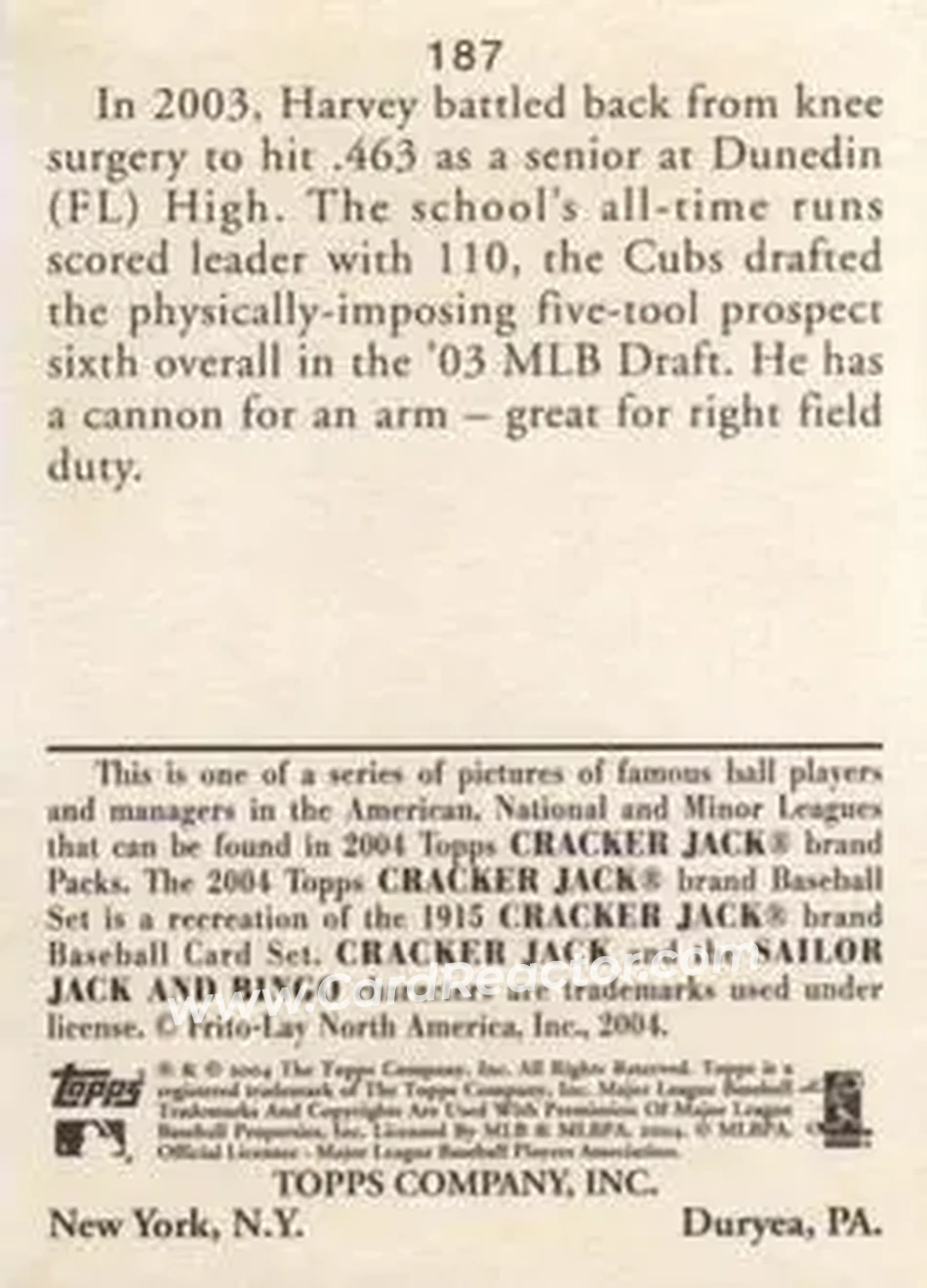 2004 Topps Cracker Jack #187 - Ryan Harvey - Chicago Cubs - Back