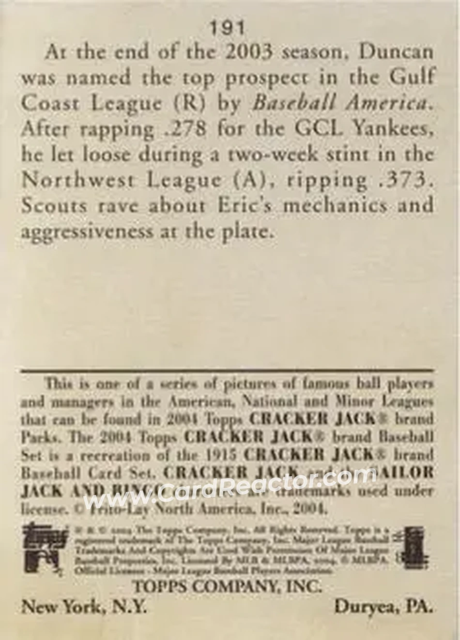 2004 Topps Cracker Jack #191 - Eric Duncan - New York Yankees - Back
