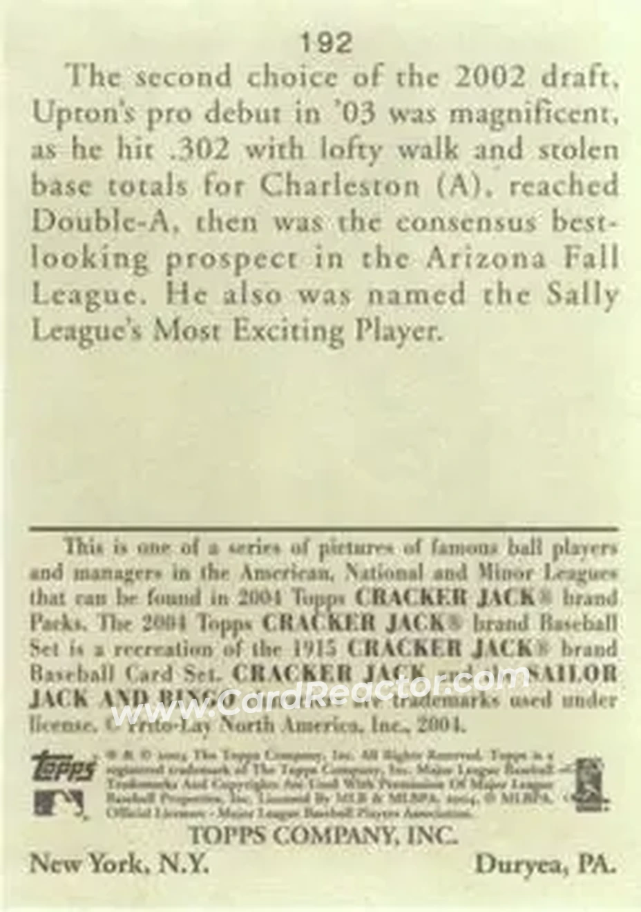 2004 Topps Cracker Jack #192 - B.J. Upton - Tampa Bay Devil Rays - Back