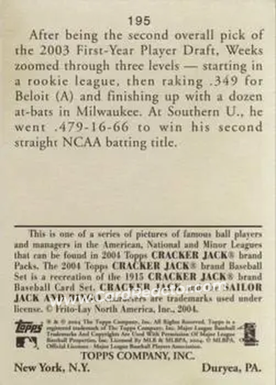 2004 Topps Cracker Jack #195 - Rickie Weeks - Milwaukee Brewers - Back