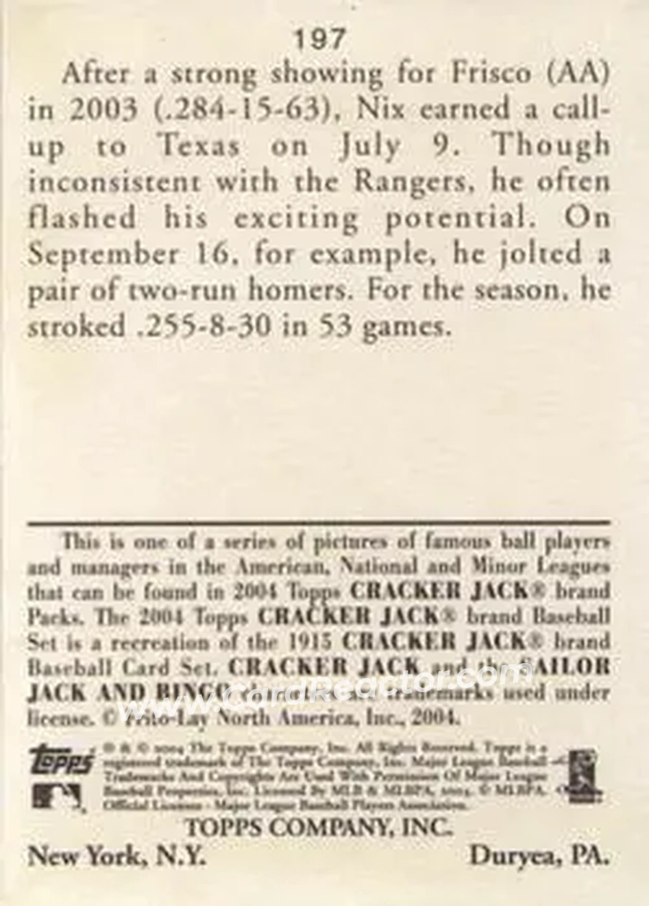 2004 Topps Cracker Jack #197 - Laynce Nix - Texas Rangers - Back 2004 Topps Cracker Jack #197 - Laynce Nix - Texas Rangers - Back