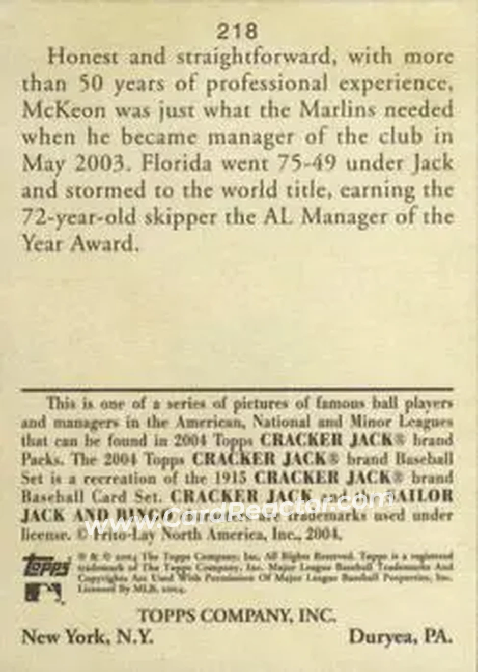 2004 Topps Cracker Jack #218 - Jack McKeon - Florida Marlins - Back