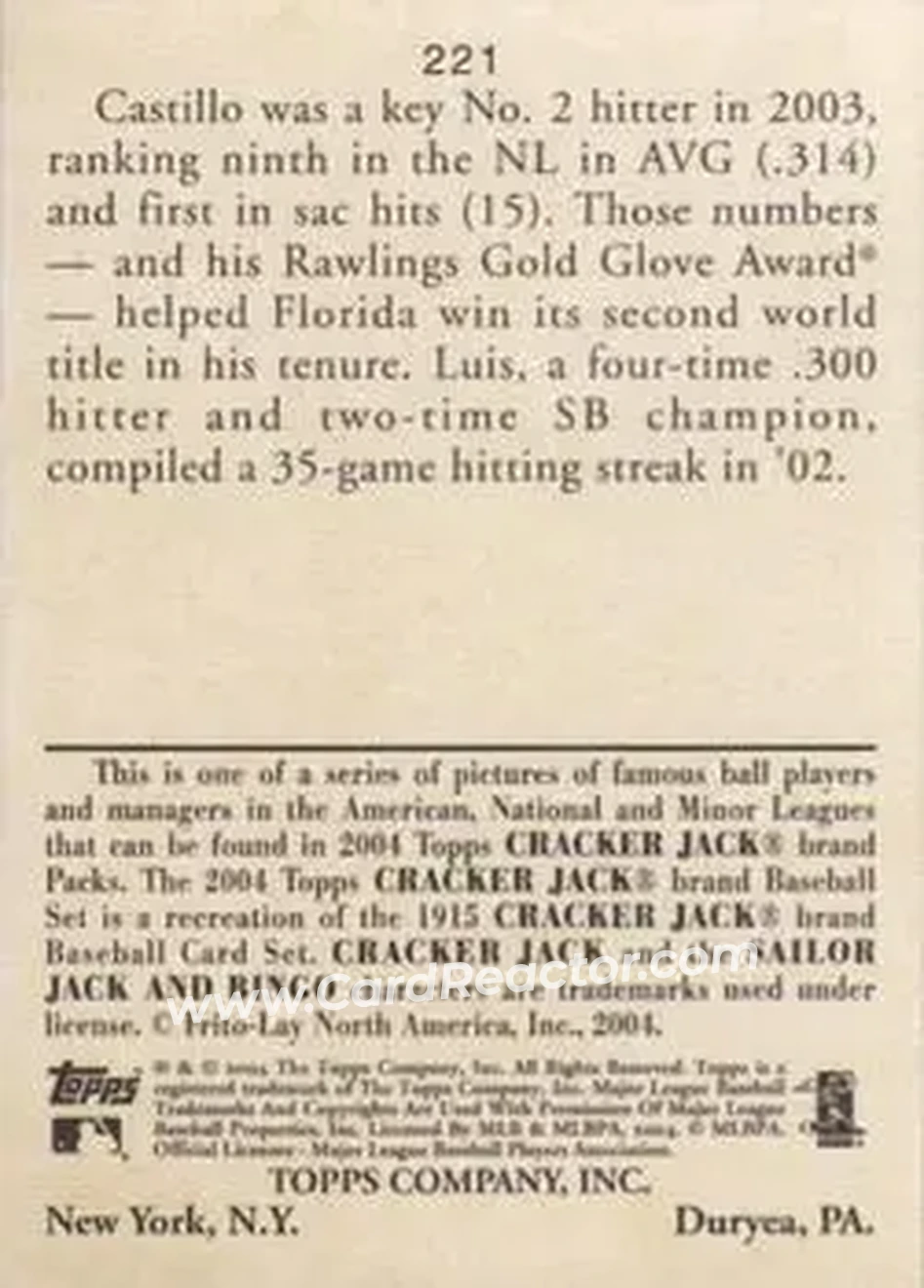 2004 Topps Cracker Jack #221 - Luis Castillo - Florida Marlins - Back
