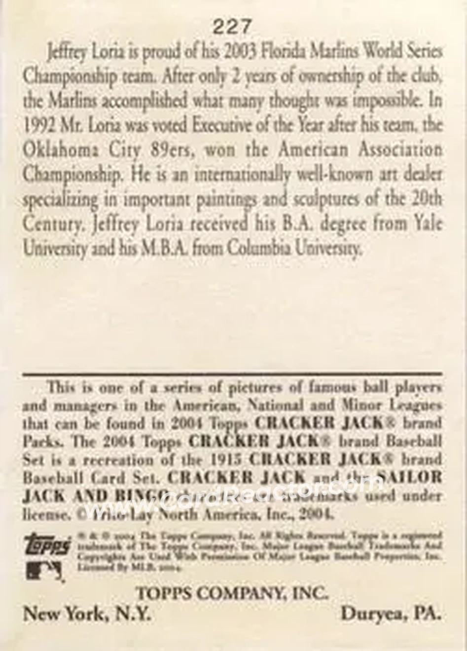 2004 Topps Cracker Jack #227 - Jeffrey Loria - Florida Marlins - Back