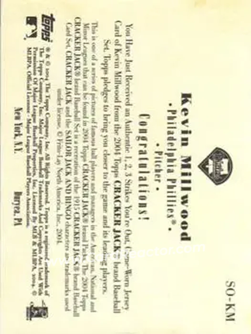 2004 Topps Cracker Jack - 1-2-3 Strikes You're Out Relics #SO-KM - Kevin Millwood - Philadelphia Phillies - Back
