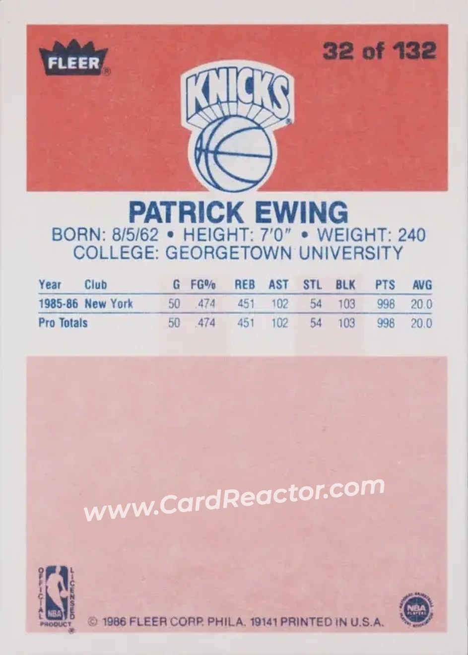 1986-87 Fleer #32 - Patrick Ewing - New York Knicks - Back